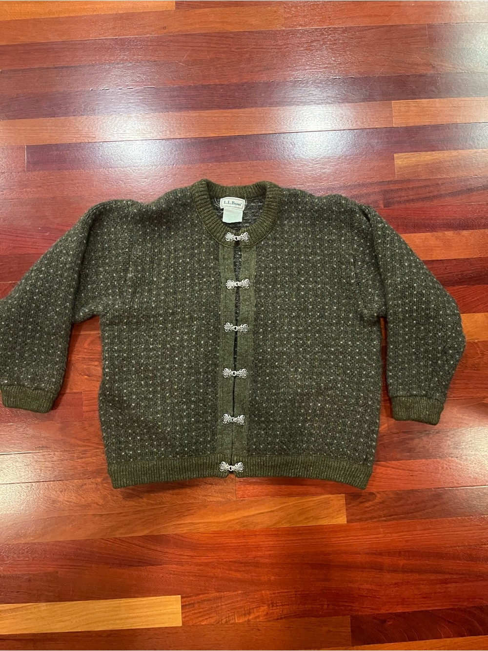 Vintage LL Bean Nordic Wool Cardigan Green Birds Eye 90’s Sz Large
